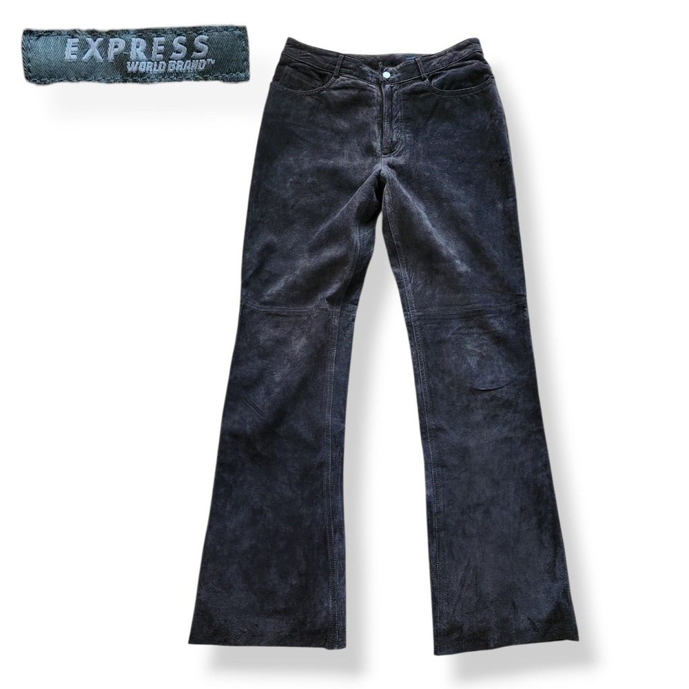 Express World Brand Vintage Brown Suede Leather Bootcut Pants Women 7/8 Mid Rise